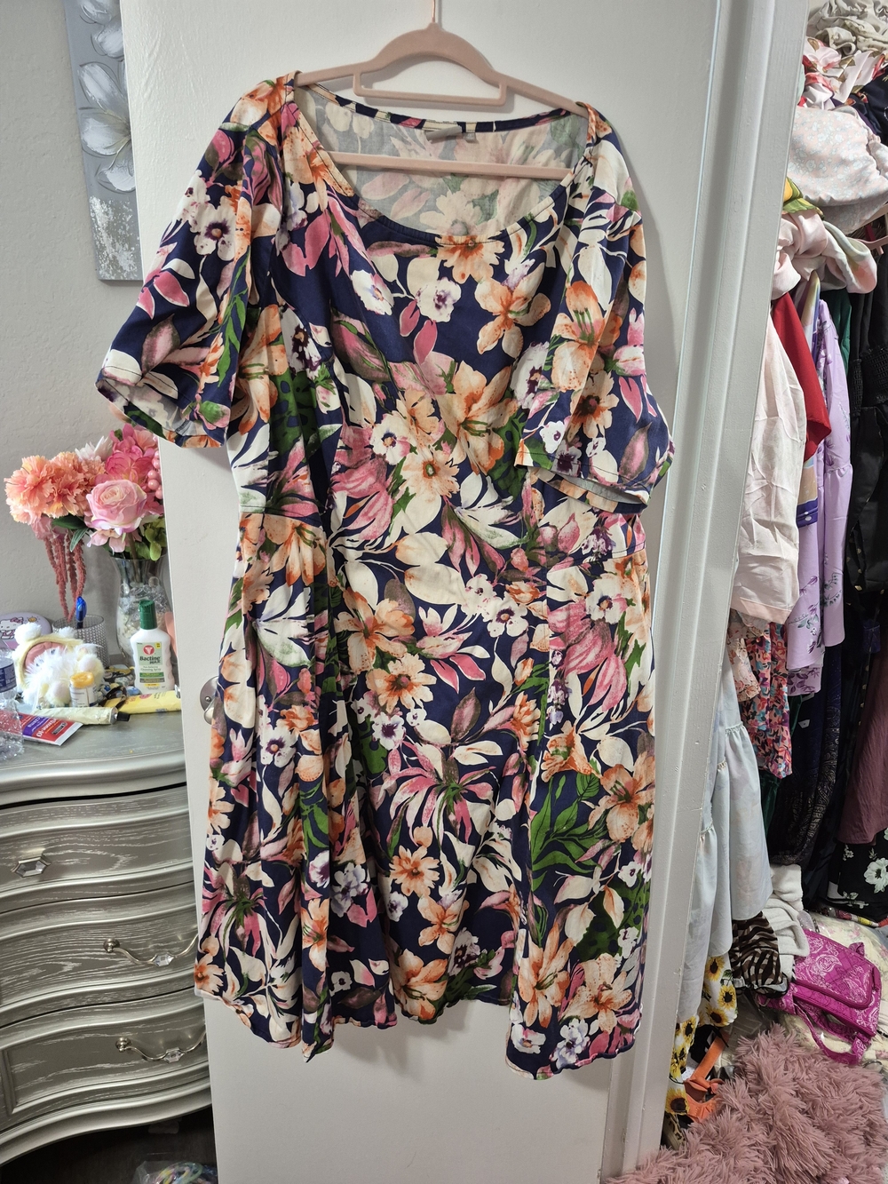 eshakti Navy Floral Scoop-Neck Fit & Flare Dress